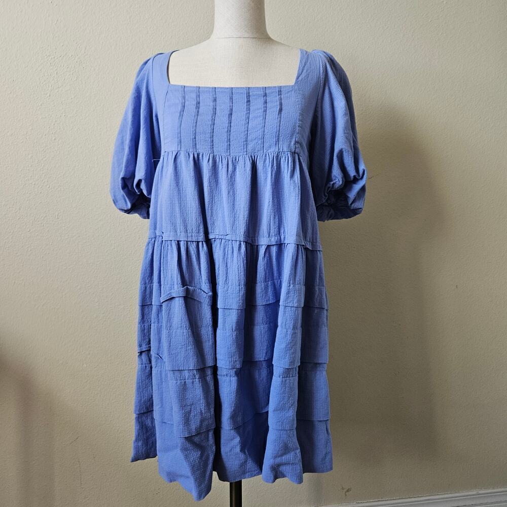 By Anthropologie Square-Neck Puff-Sleeve Tiered Dress Light Blue S